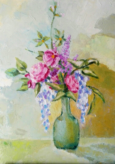 绘画 标题为“Fiori con glicine” 由Angelo Tine', 原创艺术品, 油 安装在木质担架架上