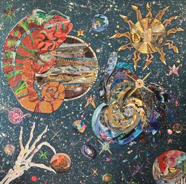Lucy in the Sky Collages getiteld "Lucy in the Sky" door Moira Mcainsh, Origineel Kunstwerk, Acryl Gemonteerd op Frame voor houten brancard