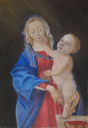 Madone à la Grenade de Sandro Botticelli copie Painting titled "Madone à la Grenade…" by Jean-Marc Quilichini, Original Artwork, Oil