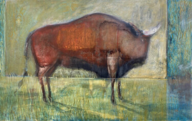 Bison Painting titled "Bison" by Arman Hayrapetyan, Original Artwork, Oil Mounted on Wood Stretcher frame