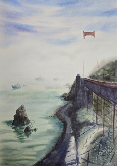 Картина под названием "Golden Gate in Mist" - Nataliya Gulina, Подлинное произведение искусства, Акварель