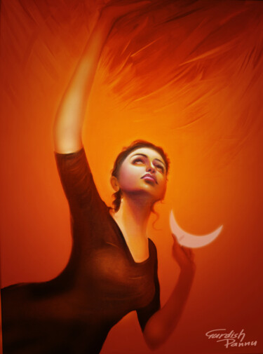 The Girl and The Moon Painting 绘画 标题为“The Girl and The Mo…” 由Artist Gurdish Pannu Punjabi Painting Gallery, 原创艺术品, 丙烯