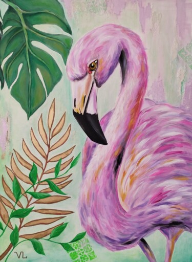 Pink flamingo in the tropics 绘画 标题为“Pink flamingo in th…” 由Valentyna Loboda, 原创艺术品, 丙烯 安装在木质担架架上