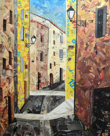 Κολάζ με τίτλο "Montpellier" από Laurence Hochin, Αυθεντικά έργα τέχνης, Κολάζ Τοποθετήθηκε στο Ξύλινο φορείο σκελετό