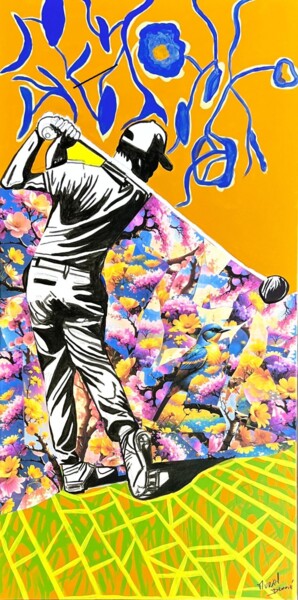 Schilderij getiteld "Golfeur Hors Swing" door Dandeeart , Origineel Kunstwerk, Acryl Gemonteerd op Frame voor houten brancard