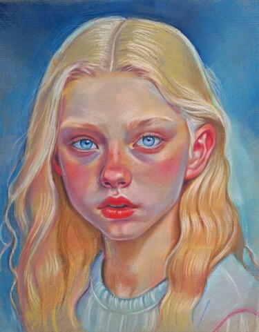 Tekening getiteld "Girl in blue" door Anastasia Soroka, Origineel Kunstwerk, Pastel