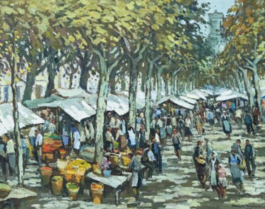Schilderij getiteld "Mercado de Olot Esp…" door Manuel Zamora Muñoz, Origineel Kunstwerk, Olie Gemonteerd op Frame voor hout…