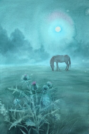 Moonlit Silence Pittura intitolato "Moonlit Silence" da Olga Beliaeva, Opera d'arte originale, Acquarello