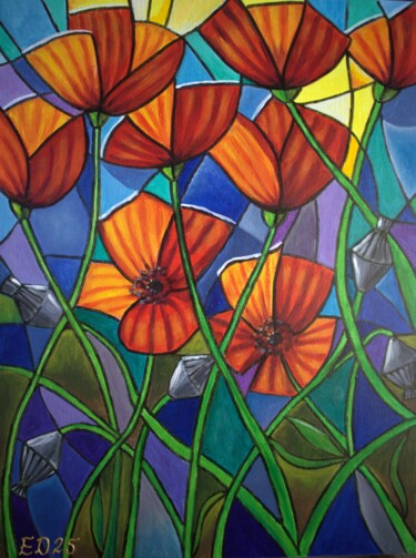 Schilderij getiteld "Otto papaveri" door Elena Dunaeva, Origineel Kunstwerk, Acryl Gemonteerd op Andere stijve panelen