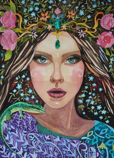 Pittura intitolato "Keeper of nature" da Ulia Nagornaa, Opera d'arte originale, Acquarello