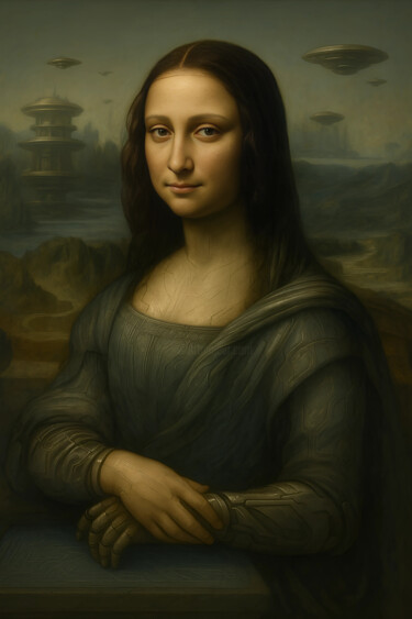数字艺术 标题为“Gioconda nel 3000” 由Neo Immortals, 原创艺术品, AI生成的图像 安装在木质担架架上