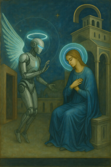Digitale Kunst getiteld "Annunciazione nel 3…" door Neo Immortals, Origineel Kunstwerk, AI gegenereerde afbeelding Gemonteer…