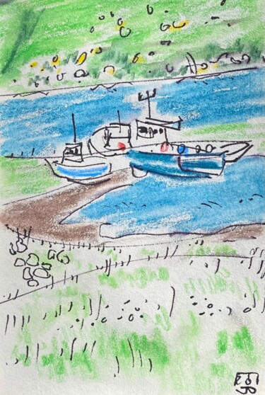 Disegno intitolato "bateaux sur l'île d…" da Frob, Opera d'arte originale, Acquarello