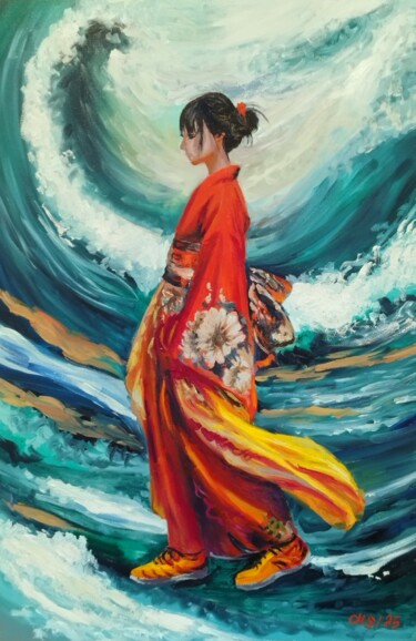 Artwork Woman in a Red Kimono and the Ocean Pittura intitolato "Artwork Woman in a…" da Larisa Sidorova (Alsi), Opera d'arte originale, Olio Montato su Telaio per barel…