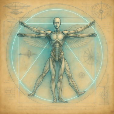 Digital Arts titled "Vitruvian Android" by Neo Immortals, Original Artwork, AI generated image Mounted on Wood Stretcher fra…