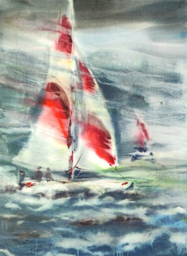 Картина под названием "On the waves" - Elena Krivoruchenko, Подлинное произведение искусства, Акварель
