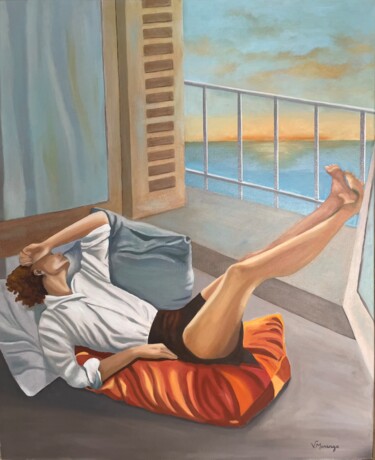 Pittura intitolato "La sieste" da Virginie Monange, Opera d'arte originale, Olio Montato su Telaio per barella in legno