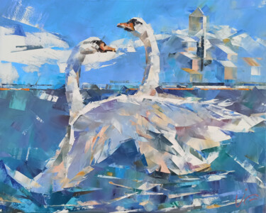 Schilderij getiteld "SKRADINS SWANS" door Volodymyr Glukhomanyuk, Origineel Kunstwerk, Olie