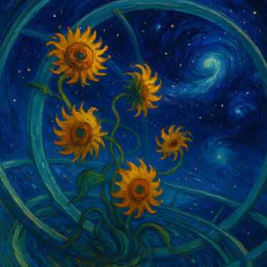 Digital Arts titled "Girasoli in Zero G" by Neo Immortals, Original Artwork, AI generated image Mounted on Wood Stretcher fr…