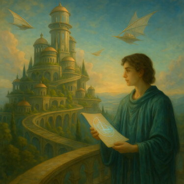 Digital Arts titled "La città Celeste in…" by Neo Immortals, Original Artwork, AI generated image Mounted on Wood Stretcher…