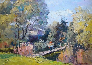 Schilderij getiteld "Bridge" door Boris Serdyuk, Origineel Kunstwerk, Olie Gemonteerd op Frame voor houten brancard