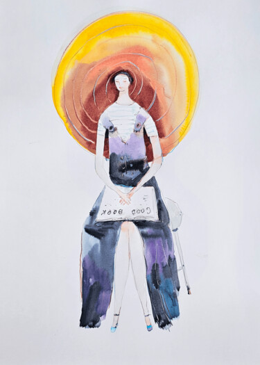 Meditative Woman with a Book Pintura intitulada "Meditative Woman wi…" por Olga Sova, Obras de arte originais, Aquarela