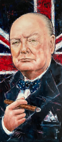 「Churchill with a ci…」というタイトルの絵画 Volodymyr Nezdiimynohaによって, オリジナルのアートワーク, オイル ウッドストレッチャーフレームにマウント