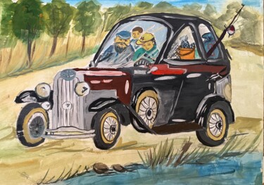 Pintura intitulada "Fishing with grandpa" por Valentyn Oladenko, Obras de arte originais, Guache Montado em Armação em madei…