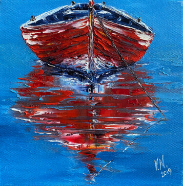 Red boat 绘画 标题为“Red boat” 由Volodymyr Nezdiimynoha, 原创艺术品, 油 安装在木质担架架上