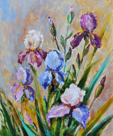 Irises original oil painting on canvas Pittura intitolato "Irises original oil…" da Olga Ponomarenko, Opera d'arte originale, Olio Montato su Telaio per barella in…