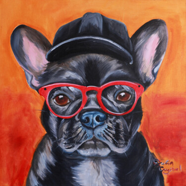 Bad gay. French bulldog in a cap and glasses. Malarstwo zatytułowany „Bad gay. French bul…” autorstwa Julia Crystal, Oryginalna praca, Olej Zamontowany na Drewniana rama…