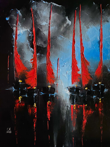 Картина под названием "Red sails at night" - Volodymyr Nezdiimynoha, Подлинное произведение искусства, Масло Установлен на Д…