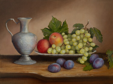 Painting titled "Still life with gra…" by Alena Root, Original Artwork, Oil Mounted on Cardboard