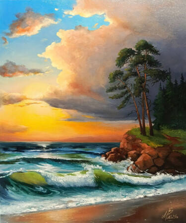 Coucher de soleil sur le paysage Marin de la mer Painting titled "Coucher de soleil s…" by Marina Mamonchik, Original Artwork, Oil Mounted on Cardboard