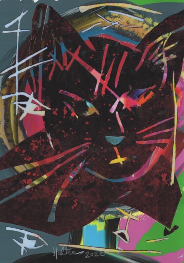 拼贴 标题为“Chat multicolore” 由Alain Halter, 原创艺术品, 拼贴 安装在纸板上
