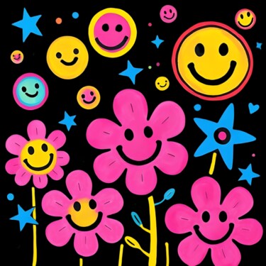 Night Garden of Happy Flowers Printmaking titled "Night Garden of Hap…" by Ivy Blue, Original Artwork, Digital Print