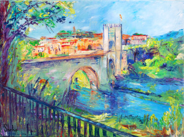 「View of Besalu」というタイトルの絵画 Natalia Shchipakinaによって, オリジナルのアートワーク, オイル ウッドストレッチャーフレームにマウント