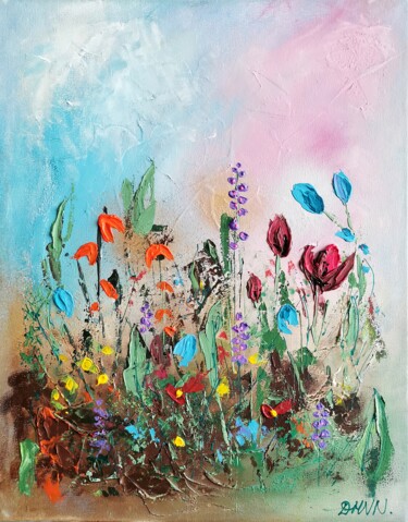「Meadow flowers abst…」というタイトルの絵画 Daheaven Artによって, オリジナルのアートワーク, アクリル ウッドストレッチャーフレームにマウント