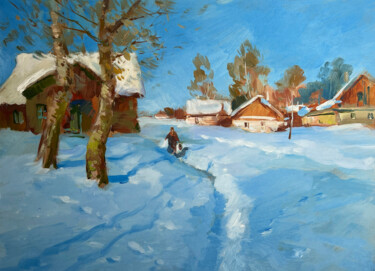 Painting titled "Quiet village in wi…" by Yuriy Suprunchuk, Original Artwork, Oil Mounted on Cardboard