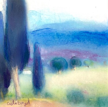 Schilderij getiteld "Cyprès 12" door Ivan Calatayud, Origineel Kunstwerk, Pastel Gemonteerd op Houten paneel