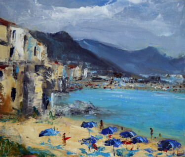 Sicily Cefalu Beach Italian Coastal Landscape and Umbrellas Painting titled "Sicily Cefalu Beach…" by Dr. Barmely, Original Artwork, Oil