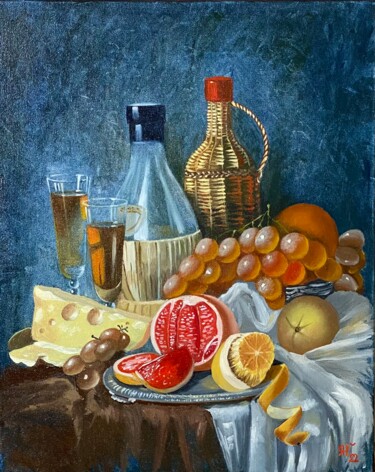 Still Life Oil Painting–Realistic Wine and Fruit Decor 绘画 标题为“Still Life Oil Pain…” 由Nataliia Yakovenko, 原创艺术品, 油 安装在木质担架架上
