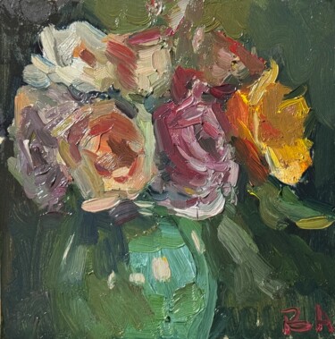 Cobalt green vase with bright rose Painting titled "Cobalt green vase w…" by Ann Golub, Original Artwork, Oil Mounted on Cardboard
