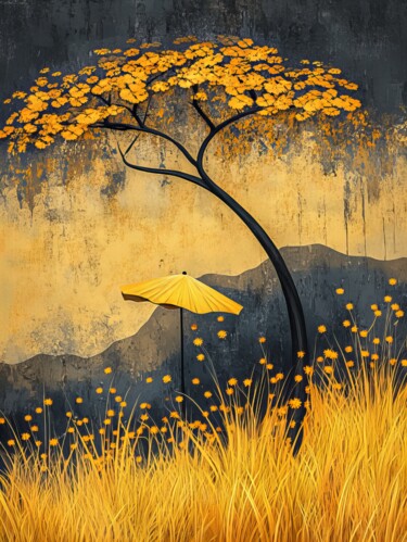 数字艺术 标题为“The Yellow Umbrella” 由Amanda Moore, 原创艺术品, AI生成的图像