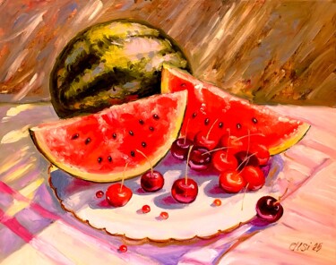 Summer still life with watermelon and cherry 绘画 标题为“Summer still life w…” 由Larisa Sidorova (Alsi), 原创艺术品, 油 安装在木质担架架上