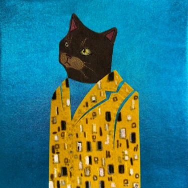 Textile Art με τίτλο "Кот 2" από Oksana Appel, Αυθεντικά έργα τέχνης, Κολάζ Τοποθετήθηκε στο Ξύλινο φορείο σκελετό