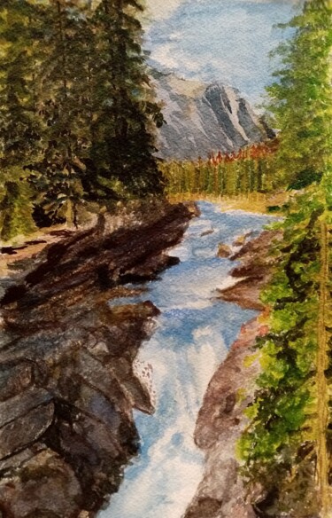 Schilderij getiteld "cascade du Canada" door Majolambeau, Origineel Kunstwerk, Aquarel Gemonteerd op Andere stijve panelen