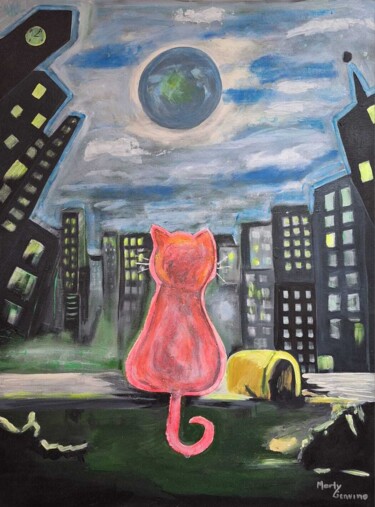 Quadro Gato Lua Cidade 60x80 com Brilho no Escuro Pittura intitolato "Quadro Gato Lua Cid…" da Marly Genuino, Opera d'arte originale, Acrilico Montato su Telaio per barella i…