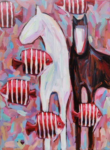 Red and white horse with striped fish. The alien rabbit Serg 제목이 "Red and white horse…"인 미술작품 Serg Kuri로, 원작, 아크릴