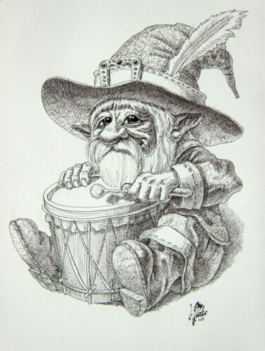 Drawing titled "The Drum Master" by Victor Molev, Original Artwork, Ink